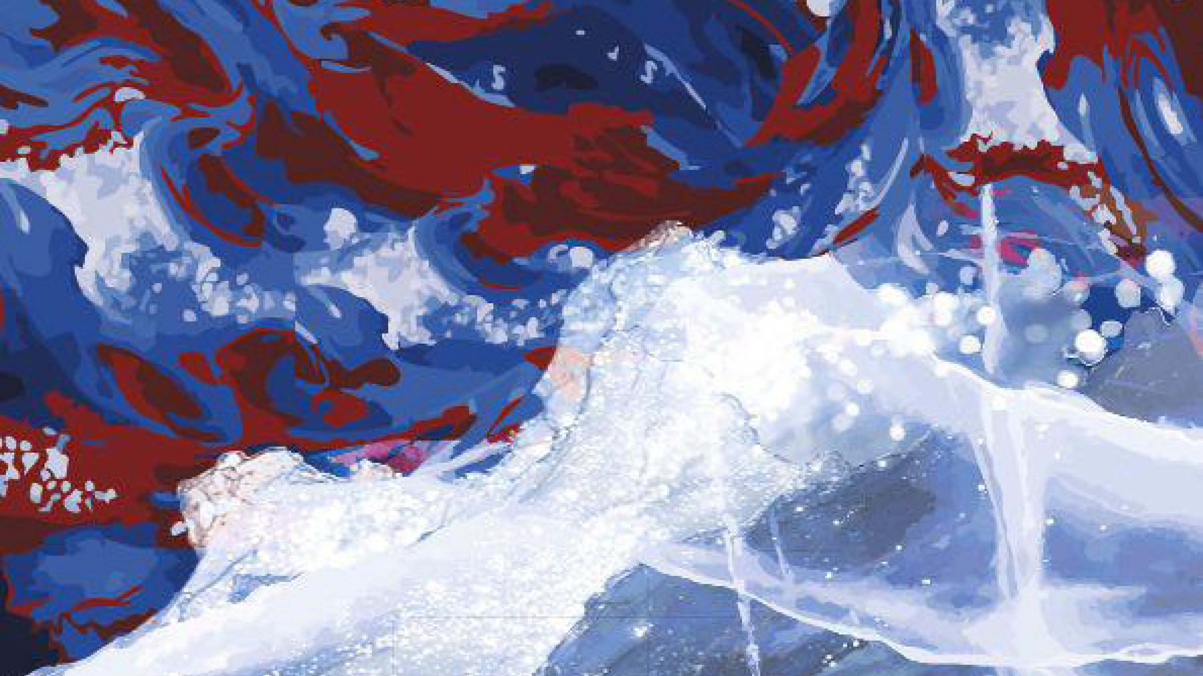 An abstract painting in red, blue and white.